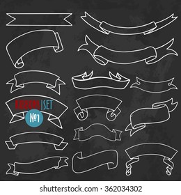 Vector set of ribbons and banners in chalk doodle style on grunge black background, collection number one