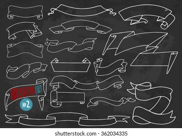 Vector set of ribbons and banners in chalk doodle style on grunge black background, collection number two