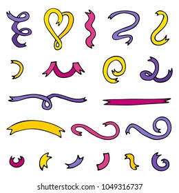 Vector set of ribbons drawing in doodle style. Graphic elements for design, web, banner and decor. Hand drawn sketch. 