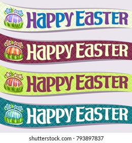 Vector set of ribbons for Easter holiday, original handwritten brush typeface for greeting title text happy easter, in grass striped colorful easter egg and spring flowers on geometric background.