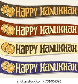Vector set of ribbons for Hanukkah holiday, curved banners with golden coins, original decorative font for text happy hanukkah on abstract background, chocolate gelt token with menorah & star of David