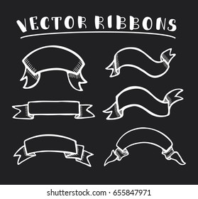 Vector set ribbons icons outline white color on black background. Banner shapes illustration of ribbon gift and accessory. Christmas sticker and decoration. Label, badge and borders collection