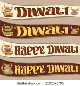 Vector set of ribbons for Indian Diwali, curve banners for religious hindu holiday with oil lamps and original brush typeface for wish message - happy diwali, illustration for festival of lights.