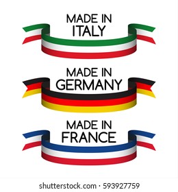 Vector set ribbons Made in Germany, Made in France and Made in Italy isolated on white background for your products, infographic, web and apps