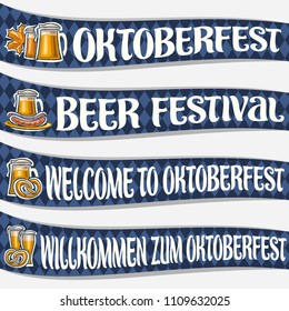 Vector set of ribbons for Oktoberfest, 4 curved banners with maple leaf and sausages, glassware with alcoholic beverages, labels for beer festival with original typeface for words on oktoberfest theme