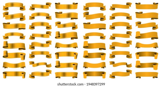Vector set of ribbons in yellow color. Gold, ocher. Different version and shape. Flag, scroll, silk effect. Print illustration