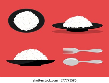 Vector set rice in a black dish.top front and isomatic view with a spoon and fork for your illustrated set meal.