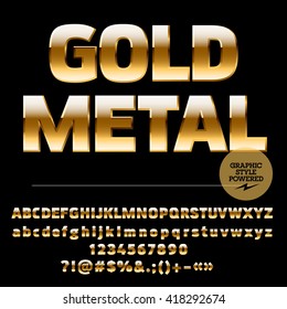 Vector set of rich gold alphabet letters, numbers and punctuation symbols. Compact ultra bold style