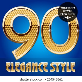 Vector set of rich shining alphabet with golden border. Numbers 9 0