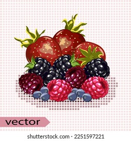 Vector set of ripe berries.Bright berries on a colored checkered background in vector illustration.