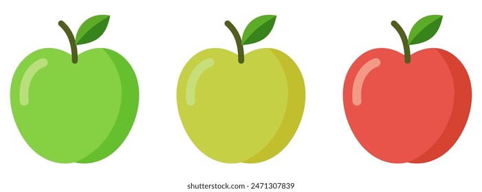 Vector set of ripe green, yellow and red apples with leaves. Apple icon isolated on white