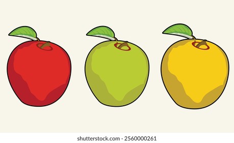 Vector set of ripe green, yellow and red apples with leaves. Apple icon isolated on white background.