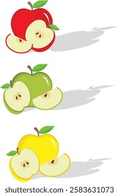 Vector set of ripe green, yellow and red apples with leaves. Apple icon isolated on white. Flat design green, red and yellow apple on a white background. 