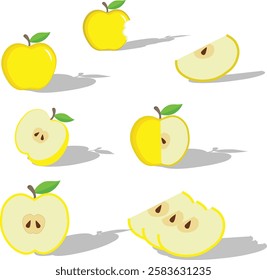 Vector set of ripe green, yellow and red apples with leaves. Apple icon isolated on white. Flat design green, red and yellow apple on a white background. 