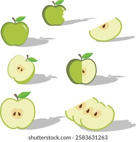 Vector set of ripe green, yellow and red apples with leaves. Apple icon isolated on white. Flat design green, red and yellow apple on a white background. 