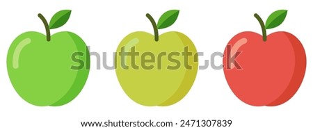 Vector set of ripe green, yellow and red apples with leaves. Apple icon isolated on white