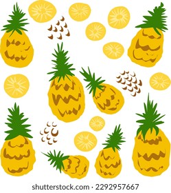 Vector set of ripe juicy pineapples. Bright pineapples in flat style, elements for design