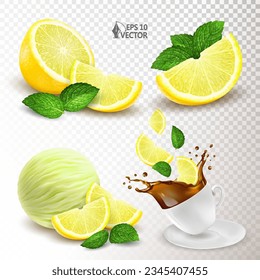 Vector set of ripe lemons with fresh mint leaves. Realistic scoop of fruit ice cream. A cup of aromatic tea with lemon slices and mint leaves. 3D isolated food illustration, package design element