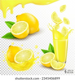 Vector set of ripe lemons. Pieces of sliced fruit falling into a glass of natural fresh juice, realistic splash. 3D isolated food illustration, package design element