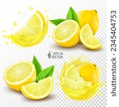 Vector set of ripe lemons, whole fruit and pieces with leaves. Realistic transparent splash of fresh natural juice. 3d isolated food illustration, package design element