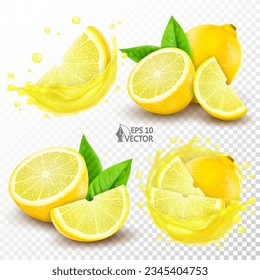 Vector set of ripe lemons, whole fruit and pieces with leaves. Realistic transparent splash of fresh natural juice. 3d isolated food illustration, package design element