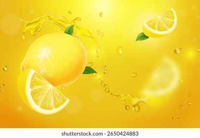 Conjunto vetorial de limões maduros em suco amarelo. Pedaços de fruta fatiada caindo com respingos realistas. Plano de fundo de limonada, Pacote de limão citrus bebida realista ilustração 3d