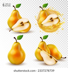 Vector set of ripe pears isolated on white background. Realistic transparent splash of fresh juice with fruits inside. 3D food illustration