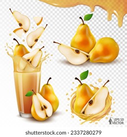 Vector set of ripe pears isolated on white background. Realistic transparent splash swirl with fruits inside. Glass of natural fresh juice. 3D food illustration, packaging design