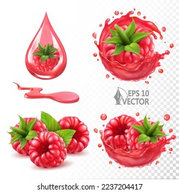 Vector set of ripe raspberries in fresh juice splash with transparent drops, natural juicy berries, 3d realistic illustration