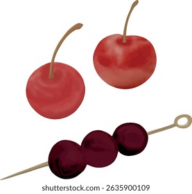 Vector set of ripe red cherries with green stems and cocktail cherries on skewers. Perfect for food packaging, summer recipes, bar menus, and mixology graphics. Includes whole cherries, paired fruits,