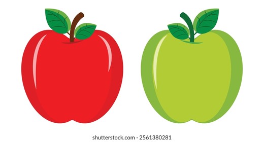 Vector set of ripe red and green apples with leaves Apple icon isolated on white background