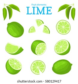 Vector set of ripe tropical limes fruits. Lime fruit peeled, piece of half slice. Collection of delicious green lemon designer elements appetizing looking for packaging of juice breakfast halth food
