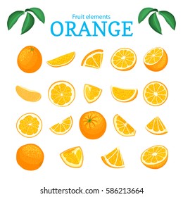 Vector set of ripe tropical orange fruits. Oranges peeled, piece of half slice leaf. Collection of delicious citrus orange designer elements for packaging of juice breakfast health food