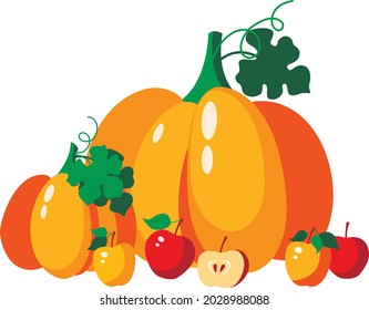 Vector set : ripe vegetables and fruits. Yelllow orange pumpkins with green leaves and sweet apples whole and sliced. For design  illustration, card, poster, invitation about harvest, healthy food.