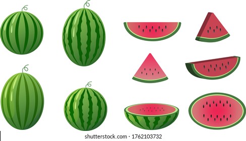 Vector set of ripe watermelons, sliced watermelons, slices of watermelon of various shapes. Fresh juicy elements for summer cards, patterns, advertising, greeting cards, posters, etc.