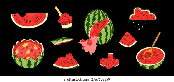 Vector set of ripe watermelons. Sliced watermelon, pieces, halves, triangle slices, watermelon ice cream and cocktail, and a smashed juicy watermelon. Illustration on a black background.