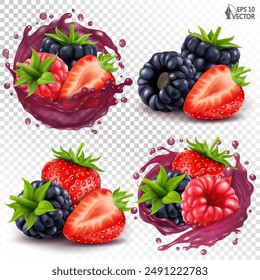 Vector conjunto de bayas silvestres maduras. Jugo transparente realista salpicado, diferentes variantes. Frambuesa, mora, mezcla de fresas. Iconos de fruta 3D para el diseño de envases de bebidas frescas