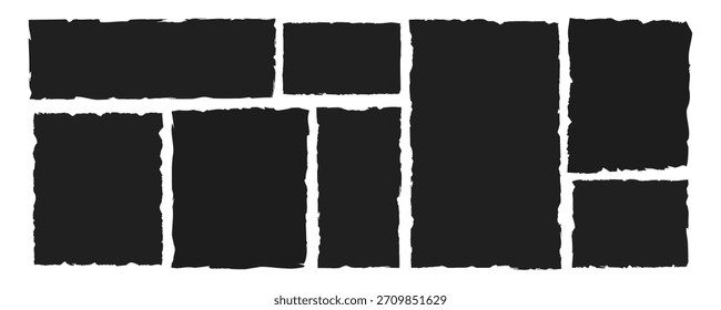 Vector conjunto de piezas de papel rasgado. Marcos rectangulares dentados negros, siluetas de chatarra, Formas de textura grunge para collage, pegatina, Anuncio, etiqueta. Aislado en el fondo blanco