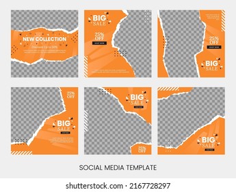 Vector set of ripped torn paper style social media template with orange color and abstract shape misc. Feed fashion sale template.