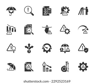 Vector set of risk management flat icons. Contains icons risk analysis, loss minimization, investment plan, management decision, risk assessment, audit and more. Pixel perfect.