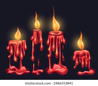 Vector set of ritual flowing red paraffin candles with fire on dark background. Magic and spirituality. Cartoon candle wax tops.