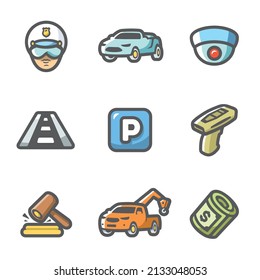 Vector Set of Road Patrol Police Icons. Cop, Car, CCTV, Sign, Parking, Violation, Fine, Evacuation, Payment.