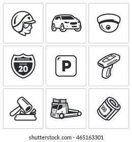 Vector Set of Road Patrol Police Icons. Cop, Car, CCTV, Sign, Parking, Violation, Fine, Evacuation, Payment.