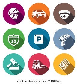 Vector Set of Road Patrol Police Icons. Cop, Car, CCTV