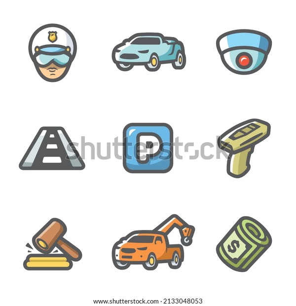 Vector Set of Road\
Patrol Police Icons. Cop, Car, CCTV, Sign, Parking, Violation,\
Fine, Evacuation,\
Payment.