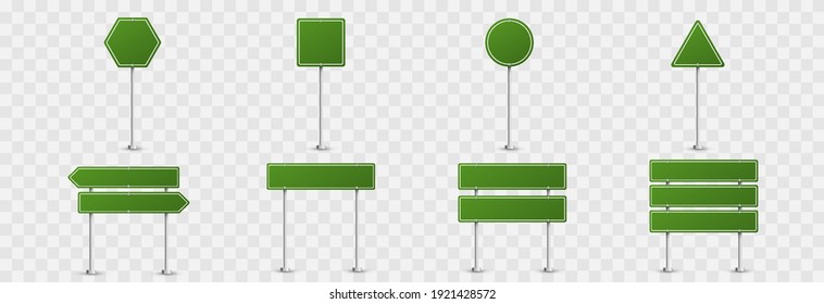 Vector set of road signs. Road signs on an isolated background. Green flags png, road signs png, green signs.