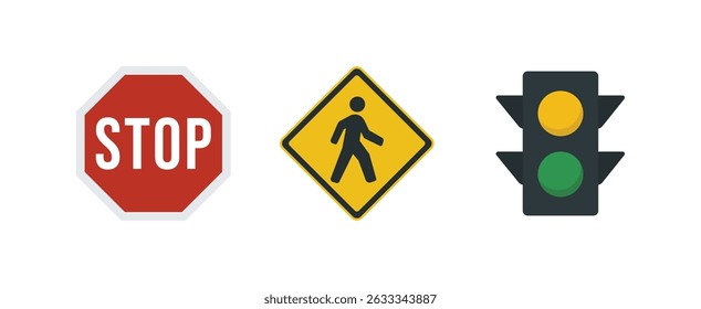 Vector Set of Road Signs and Traffic Light Icon. Stop Sign, Pedestrian Crossing and Signal Light