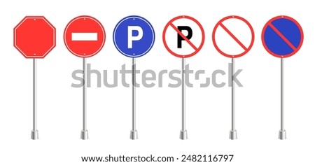 Vector set of road signs. Traffic signs on white background. Stop, No entry, Parking, No parking icon