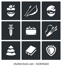 Conjunto de vectores de íconos Robin Hood. Archer, Bow y Arrow, Poor Man, Sword, Treasure, Quiver, Forest, Book, Shield. Los personajes de la historia del noble ladrón forestal