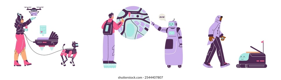 A vector set of robot assistants: a drone, a baby stroller, a dog and cleaner. Technical images demonstrating artificial intelligence and useful technologies.